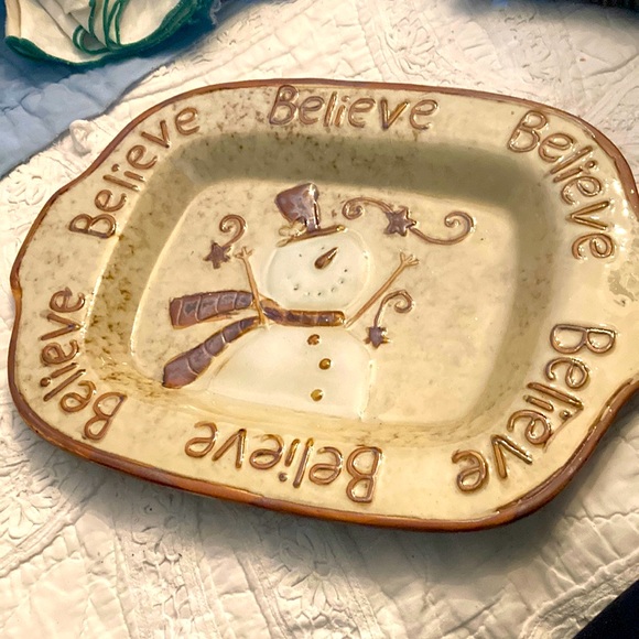 Bella Casa by Ganz ceramic neutral beige tan snowman Christmas platter. Believe - Picture 1 of 9